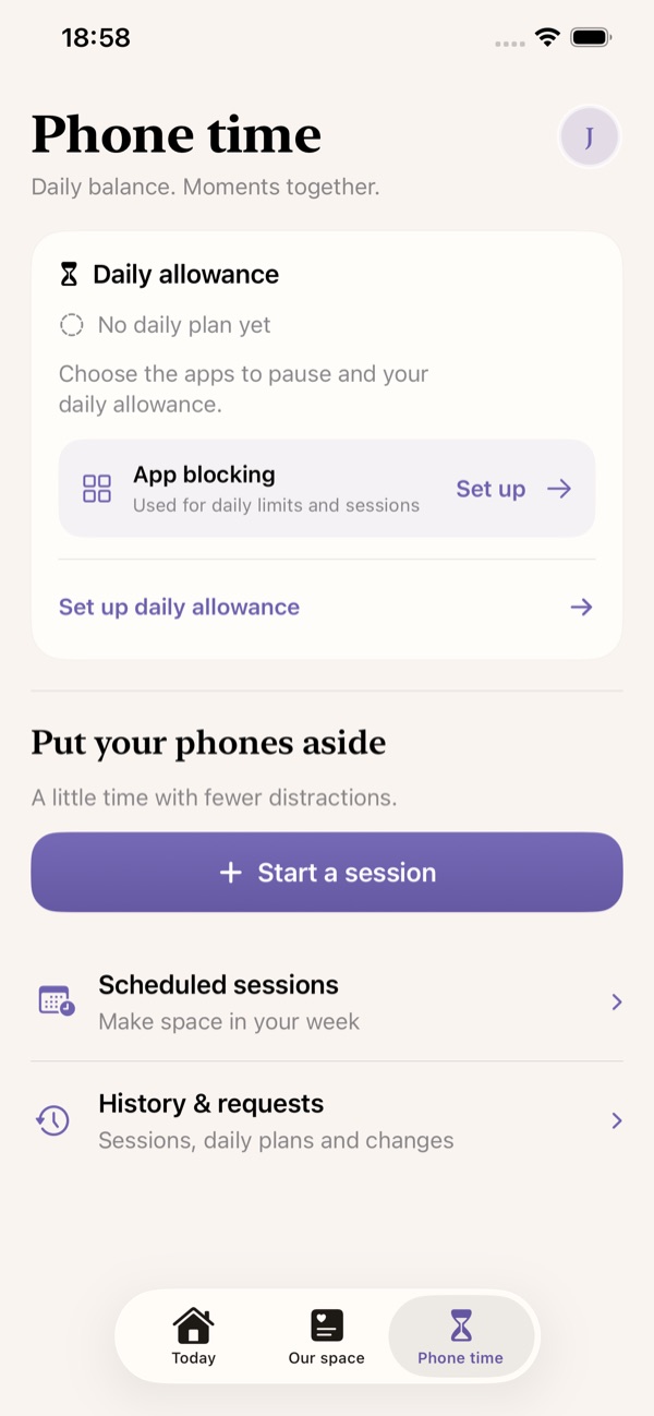 Phone time screen with a session for two